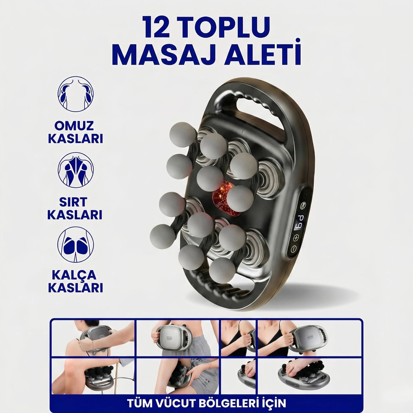 RahatZone® Şarjlı Geliştirilmiş 6 Başlıklı Fonksiyonlu Masaj Aleti 2000 mAh Masaj Tabancası - ZAEN®