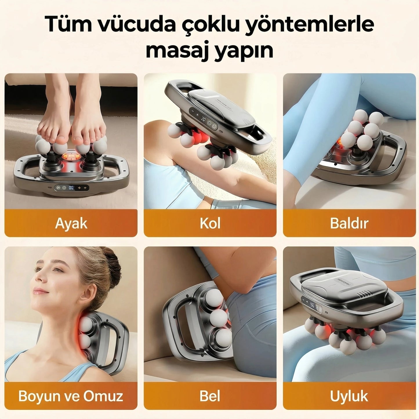 RahatZone® Şarjlı Geliştirilmiş 6 Başlıklı Fonksiyonlu Masaj Aleti 2000 mAh Masaj Tabancası - ZAEN®